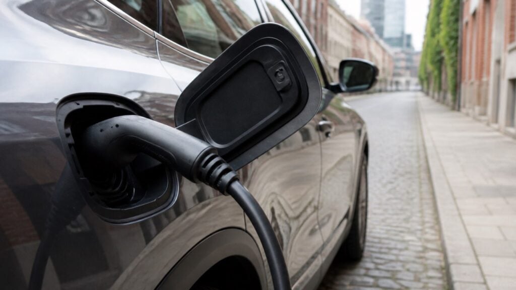 Cable de carga conectado a un vehículo eléctrico genérico en una calle urbana