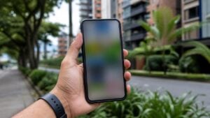 Mano sostiene un teléfono móvil genérico en un entorno urbano colombiano con luz natural