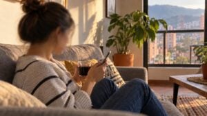 Una mujer joven sentada en una sala mira de costado su teléfono con preocupación contenida mientras sostiene un café.