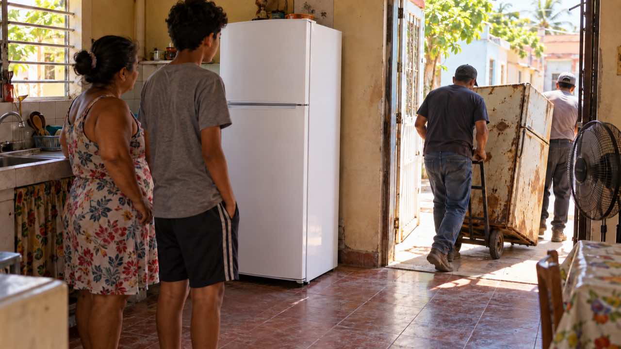 El Gobierno quitó el tope de consumo para cambiar la nevera con 40 % de descuento en el Caribe: basta una de más de 10 años 1 Una señora y su hijo miran una nevera nueva en una cocina de Barranquilla mientras dos técnicos se llevan la vieja en una carretilla.