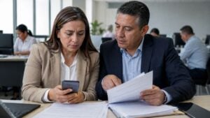 Personal administrativo de un hospital revisa cuentas de facturación en una oficina.