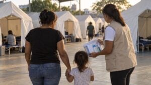 Una voluntaria entrega un kit a una madre y su hijo en un alojamiento de carpas.