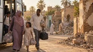 Familia sudanesa baja de un bus con equipaje frente a viviendas dañadas en una calle polvorienta.