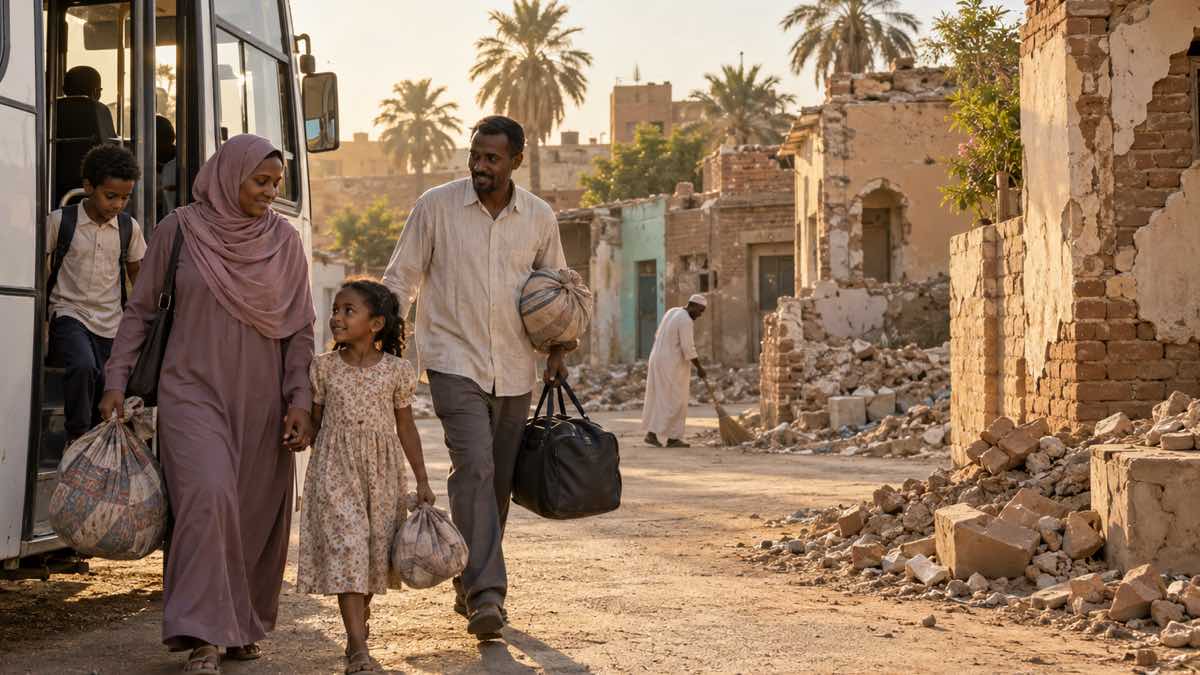 La OIM contó 5.145.165 sudaneses que volvieron a casas destruidas y escuelas cerradas: 8,58 millones siguen desplazados 1 Familia sudanesa baja de un bus con equipaje frente a viviendas dañadas en una calle polvorienta.