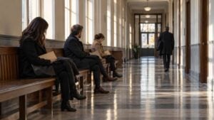 Personas adultas esperan sentadas en las bancas de madera de un pasillo institucional de ventanales altos, mientras otra camina hacia el fondo con la luz de la tarde reflejada en el piso.