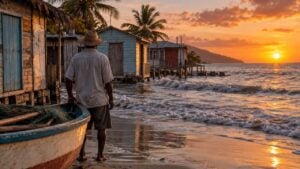 Un pescador mira el mar que llega hasta las casas de madera de una playa al atardecer.