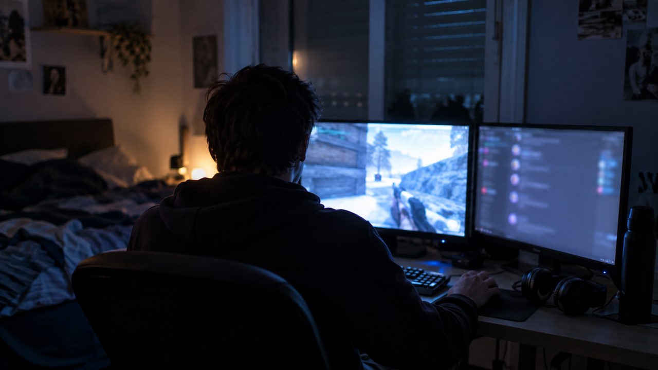 La ONU documentó que los terroristas reclutan jóvenes en videojuegos y con IA: los Estados miembros van más lento que ellos 1 Joven adulto de espaldas frente a un videojuego y una ventana de chat en un cuarto en penumbra