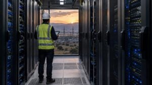 Técnico revisa una tableta entre racks de servidores, con una subestación eléctrica visible al fondo