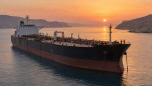 Un buque petrolero anclado al atardecer en aguas del golfo, con tripulantes en cubierta.