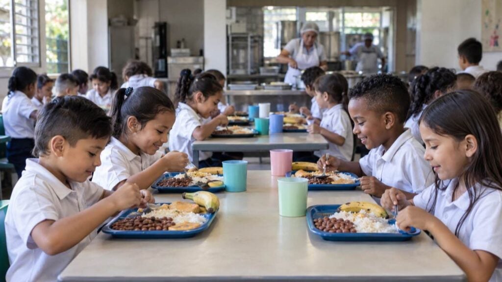Niños almuerzan en el comedor de un colegio público mientras una manipuladora de alimentos sirve.