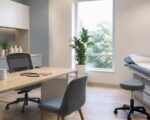 Consultorio médico vacío y ordenado con luz natural suave