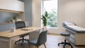 Consultorio médico vacío y ordenado con luz natural suave