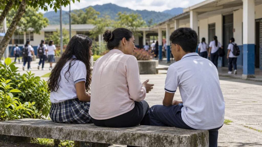Una orientadora conversa con dos adolescentes en una banca del patio de un colegio