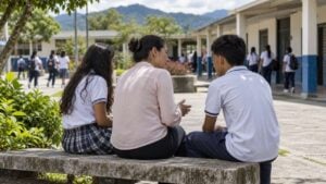 Una orientadora conversa con dos adolescentes en una banca del patio de un colegio