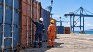 operarios con overol y casco revisan contenedores metálicos sellados en un patio del puerto de Santa Marta, con grúas y el mar al fondo.