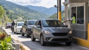 Conductores esperan y pagan en una estación de peaje de una carretera montañosa colombiana.