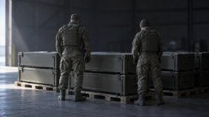 Dos soldados ficticios revisan contenedores de municiones apilados en un hangar militar en penumbra.