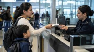 Madre y niño presentan documentos en un control migratorio