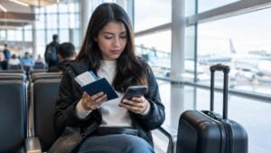 Viajera revisa sus documentos y el teléfono antes de abordar un vuelo
