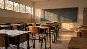 Salón de colegio público vacío, con pupitres de madera, tablero borrado y luz de tarde