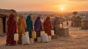Mujeres hacen fila con recipientes junto a sacos de grano en un campamento de chozas de paja en Darfur.