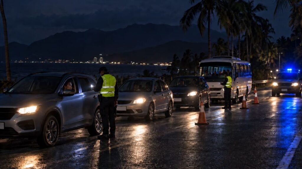 Retén policial nocturno con vehículos detenidos en una carretera costera y montañas al fondo.