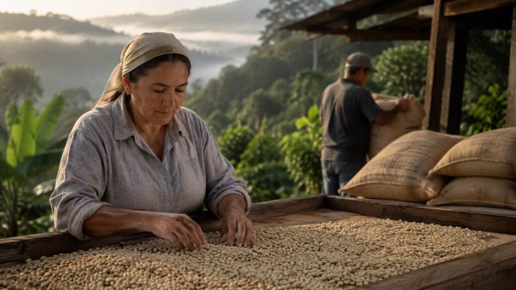Caficultora revisa café pergamino seco en una finca colombiana genérica