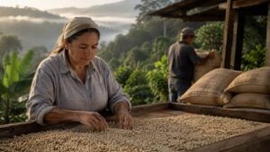 Caficultora revisa café pergamino seco en una finca colombiana genérica