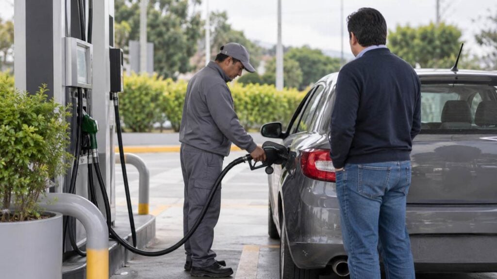 Un conductor llena el tanque de su carro en una estación de servicio de Bogotá mientras un trabajador con uniforme sostiene la manguera.