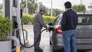 Un conductor llena el tanque de su carro en una estación de servicio de Bogotá mientras un trabajador con uniforme sostiene la manguera.