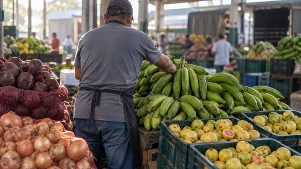 Un comerciante organiza plátanos y guayabas en un puesto de una central de abastos.