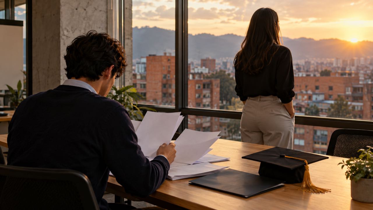 La Universidad Javeriana calculó que los profesionales sin posgrado ganan menos que en 2010: $3,5 millones al mes, frente a $3,8 1 Dos jóvenes profesionales en una oficina de Bogotá, uno con hojas de vida y otro junto a la ventana, con un birrete en la mesa.