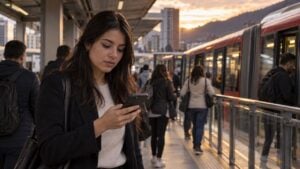 una joven profesional revisa su celular mientras espera el bus al final de la tarde.