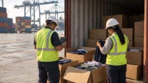 Dos inspectores con chaleco reflectivo revisan cajas con ropa junto a un contenedor abierto en un puerto.