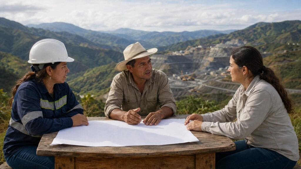 Trabajadora minera, campesino y técnica conversan frente a un paisaje montañoso genérico.