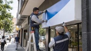 Dos operarios instalan un aviso de gran formato en la fachada de un local comercial