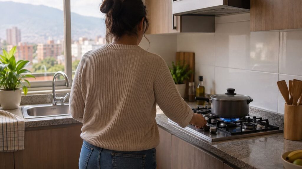Una mujer enciende la estufa de gas en la cocina de su casa.