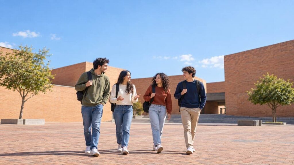 estudiantes universitarios caminan y conversan con morrales en una plazoleta de un campus colombiano con edificios de ladrillo y árboles.
