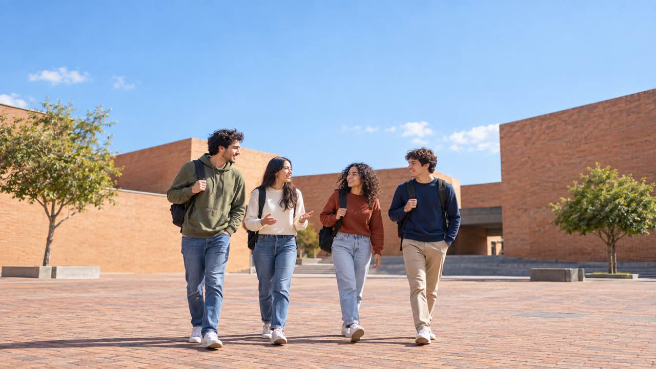 Times Higher Education clasificó 24 universidades colombianas en su ranking 2027: Los Andes lidera, entre los puestos 801 y 1.000 1 estudiantes universitarios caminan y conversan con morrales en una plazoleta de un campus colombiano con edificios de ladrillo y árboles.