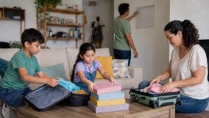 Familia colombiana organiza maletas y juegos para una pausa escolar en casa