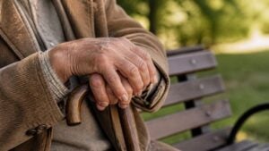 Manos de una persona mayor descansando sobre un bastón de madera en un parque