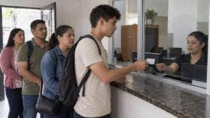 Un joven entrega su documento en la ventanilla de un punto de pago mientras otras personas esperan en la fila.