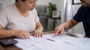 Dos adultos revisan documentos tributarios en la mesa de un apartamento colombiano.