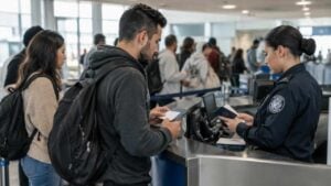 Viajeros presentan documentos en un control migratorio de aeropuerto