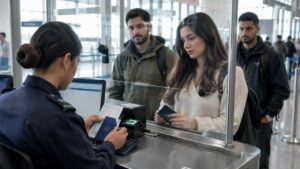Viajero presenta sus documentos ante un funcionario migratorio