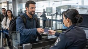 Viajero presenta su pasaporte en un control migratorio colombiano