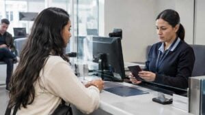 Persona realizando un trámite de pasaporte en una oficina de atención