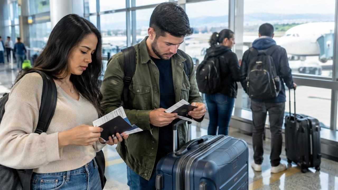 Requisitos para entrar a Argentina desde Colombia: sin visa, con cédula o pasaporte 1 Viajero colombiano revisa sus documentos junto a una maleta en un aeropuerto