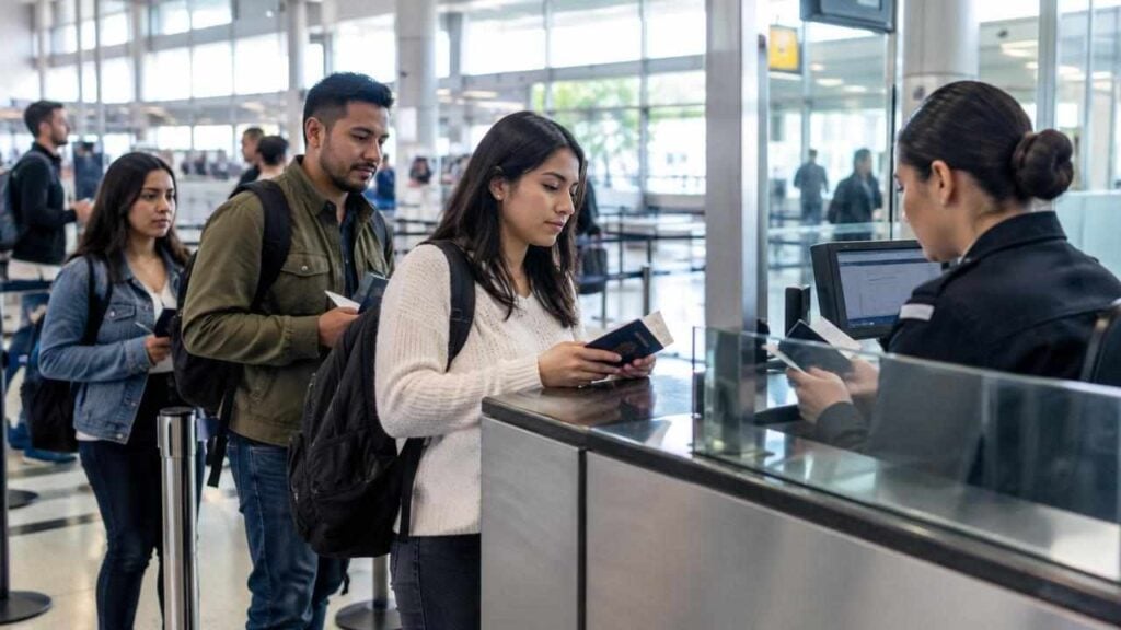 Viajeros colombianos revisan sus documentos en un control migratorio