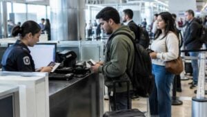 Viajeros presentan documentos y equipaje en un control migratorio de Colombia